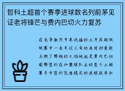 哲科土超首个赛季进球数名列前茅见证老将锋芒与费内巴切火力复苏